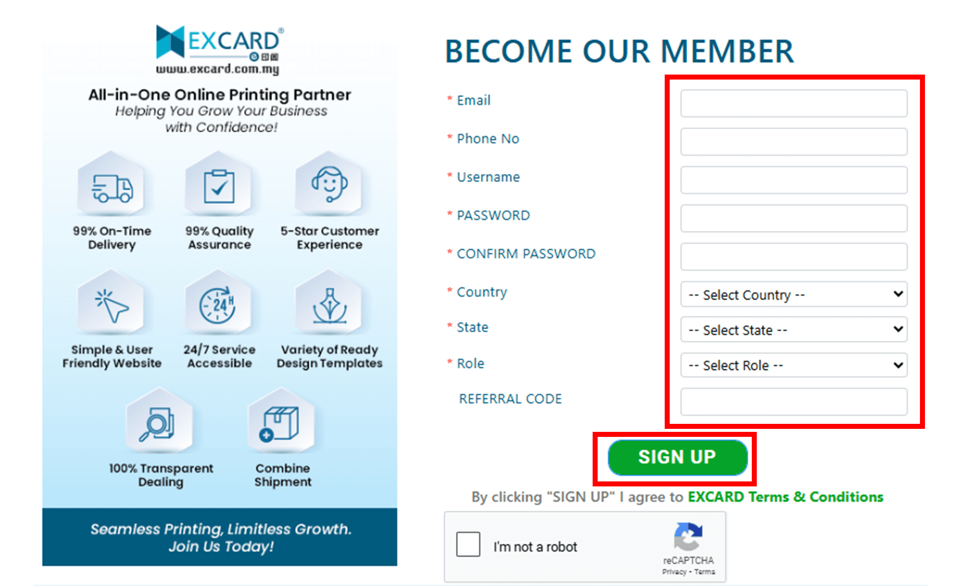 User registration form with fields for email, phone number, username, password and country.