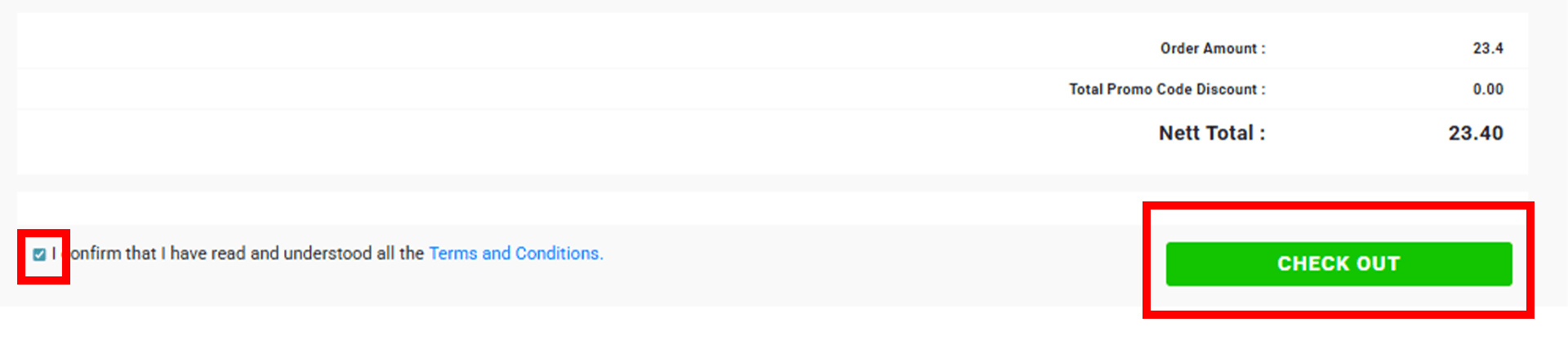 User confirming order and clicking the checkout button after agreeing to terms and conditions.