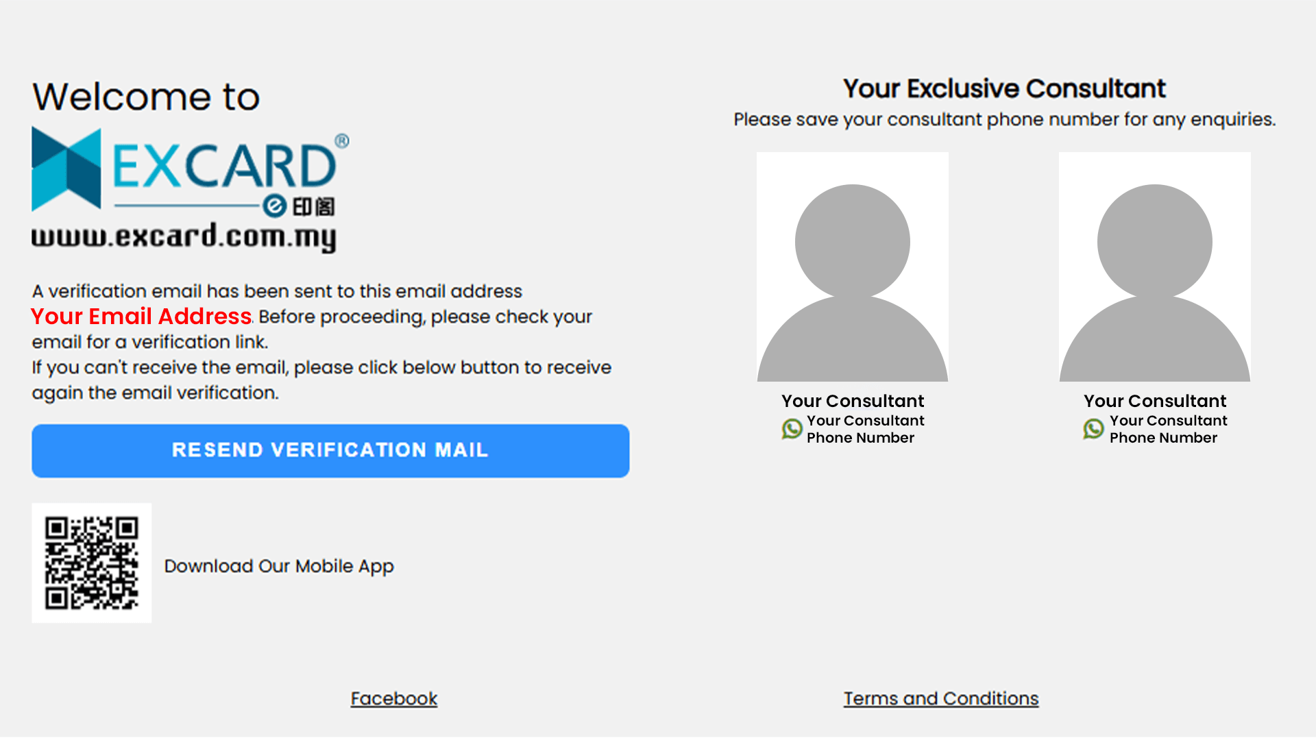 Email verification confirmation page with personal consultant contact details displayed.
