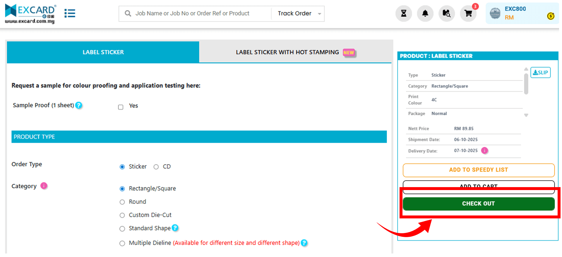Checkout button displayed on the right side of the order summary section.
